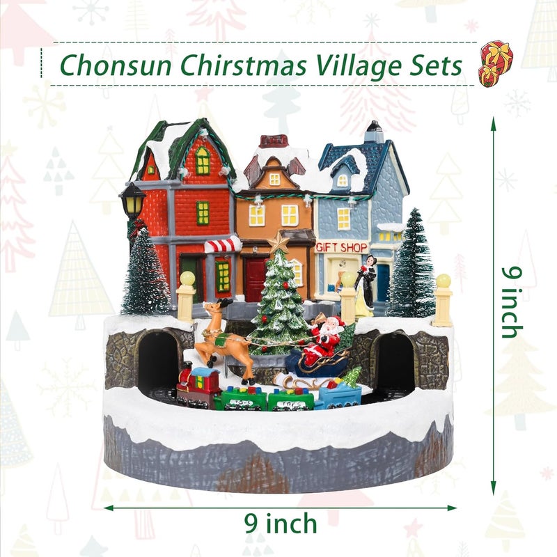 CHONSUN Christmas Village Sets 9 Inch Animated Moving Christmas Tree Train USB/3AA Batteries Music Village House Indoor Decoration Xmas Town Houses for Holiday Decor - Image 2